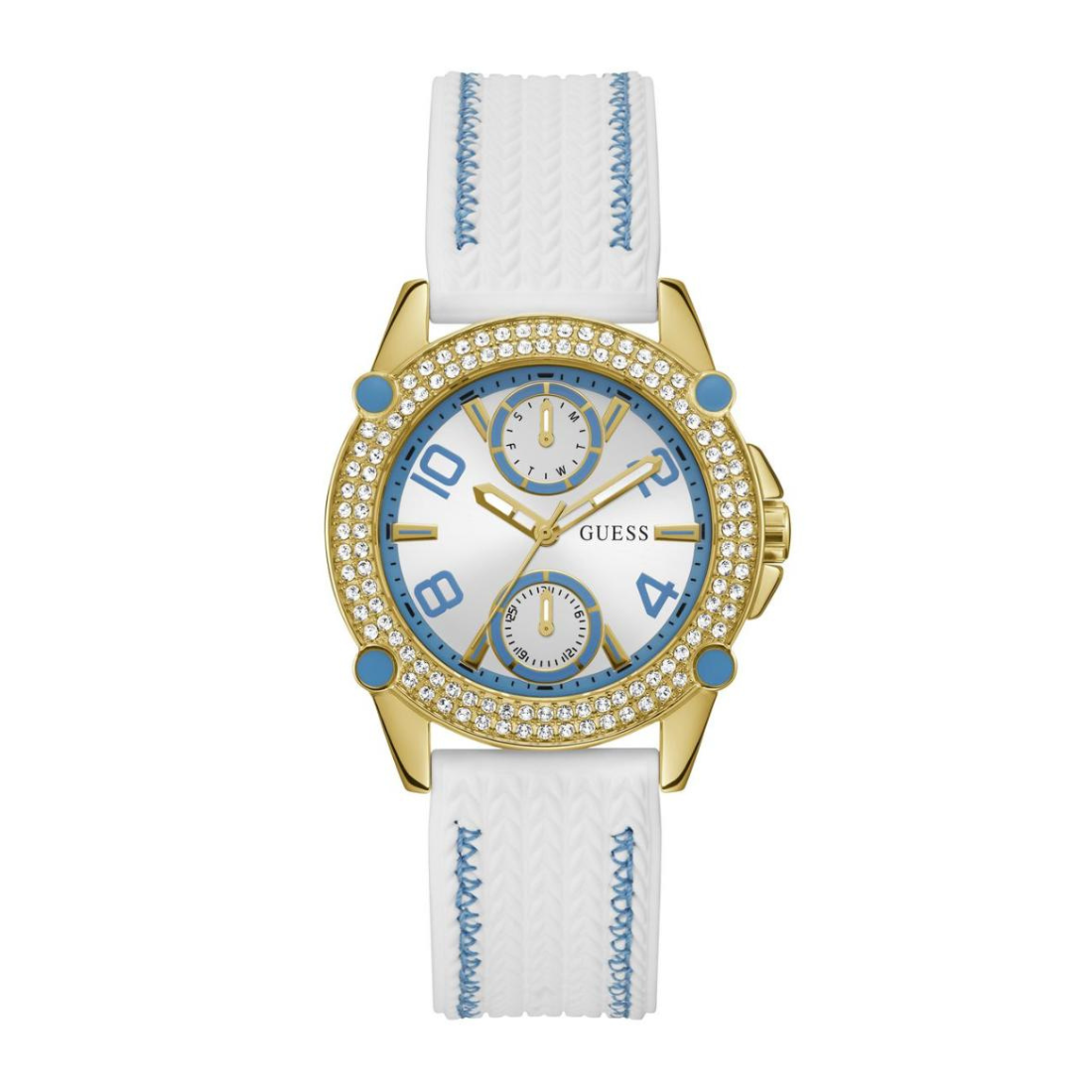Gold watch with a white strap and blue accents on a white background