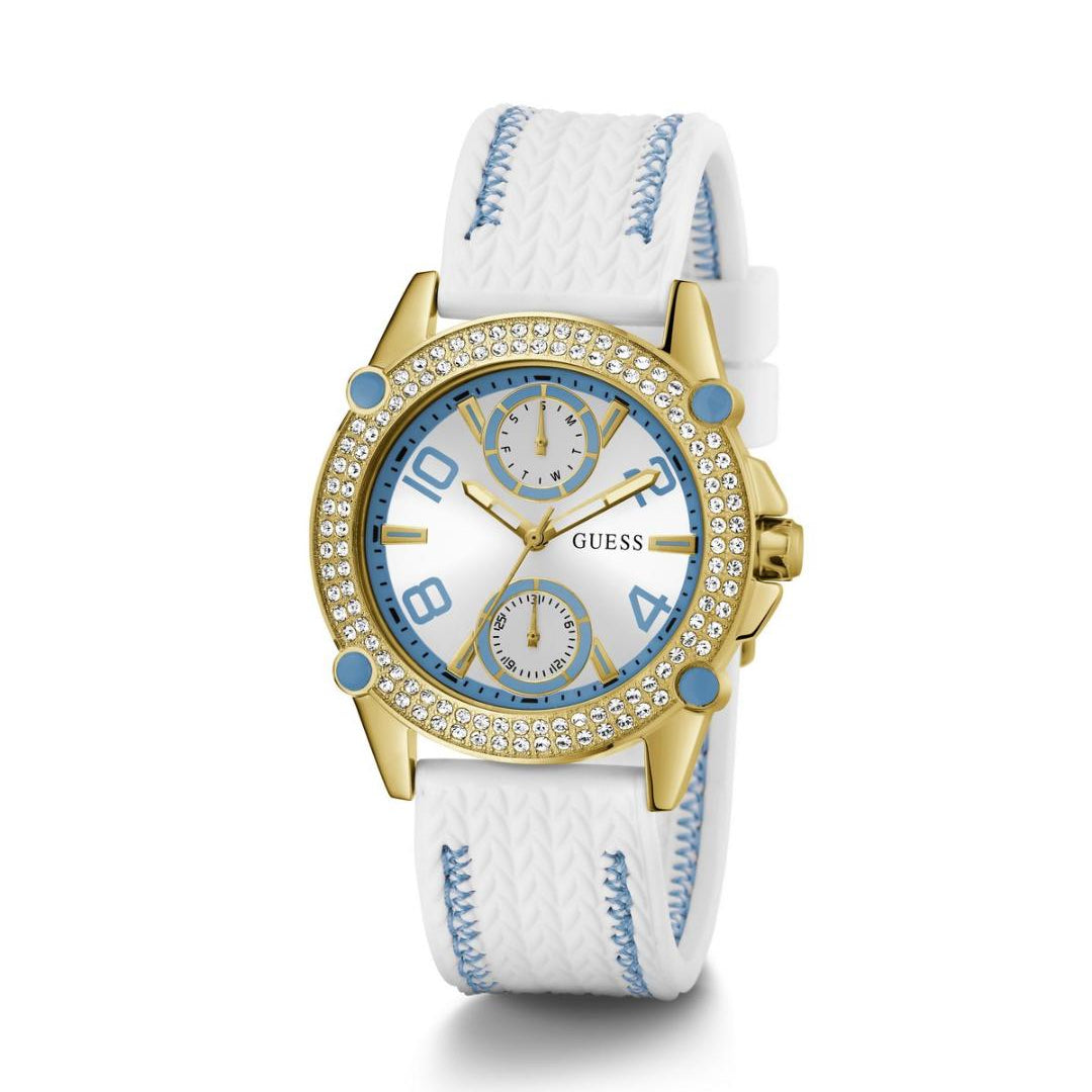 Watch with gold case and white strap on a white background