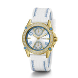 Watch with gold case and white strap on a white background