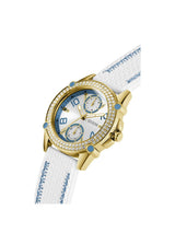 Gold watch with a white strap featuring blue accents on a white background