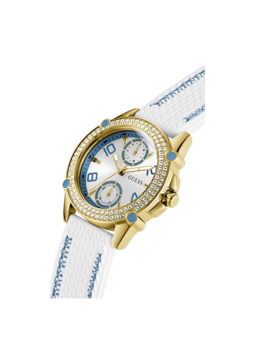 Gold watch with a white strap featuring blue accents on a white background
