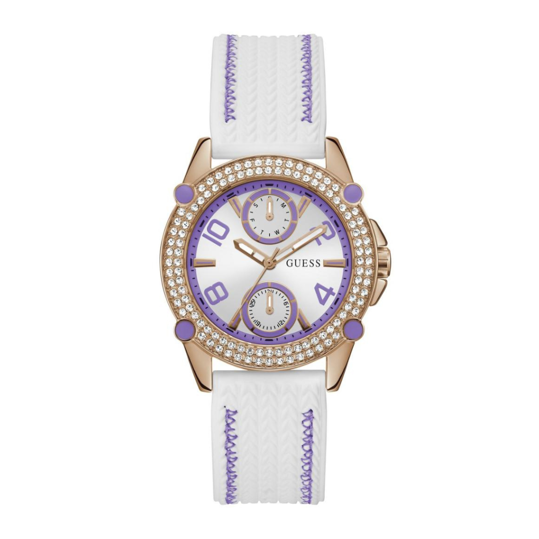Watch with white strap and purple accents on a white background