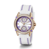 White watch with purple accents on a white background