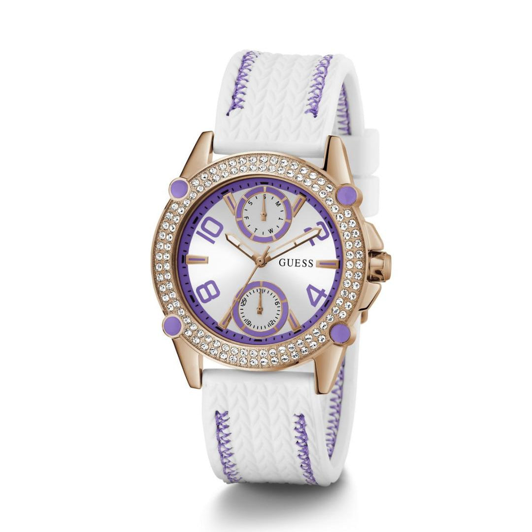 White watch with purple accents on a white background