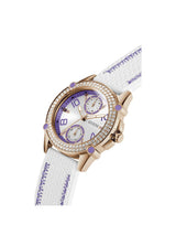Guess watch with white strap and purple accents on a white background