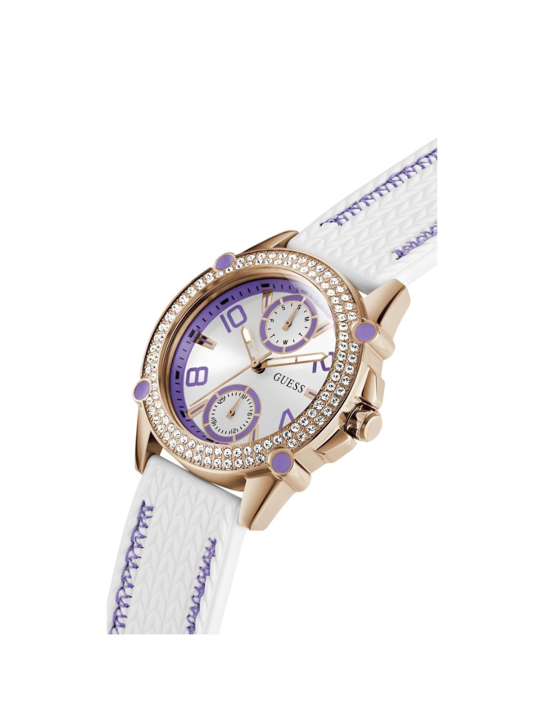 Guess watch with white strap and purple accents on a white background