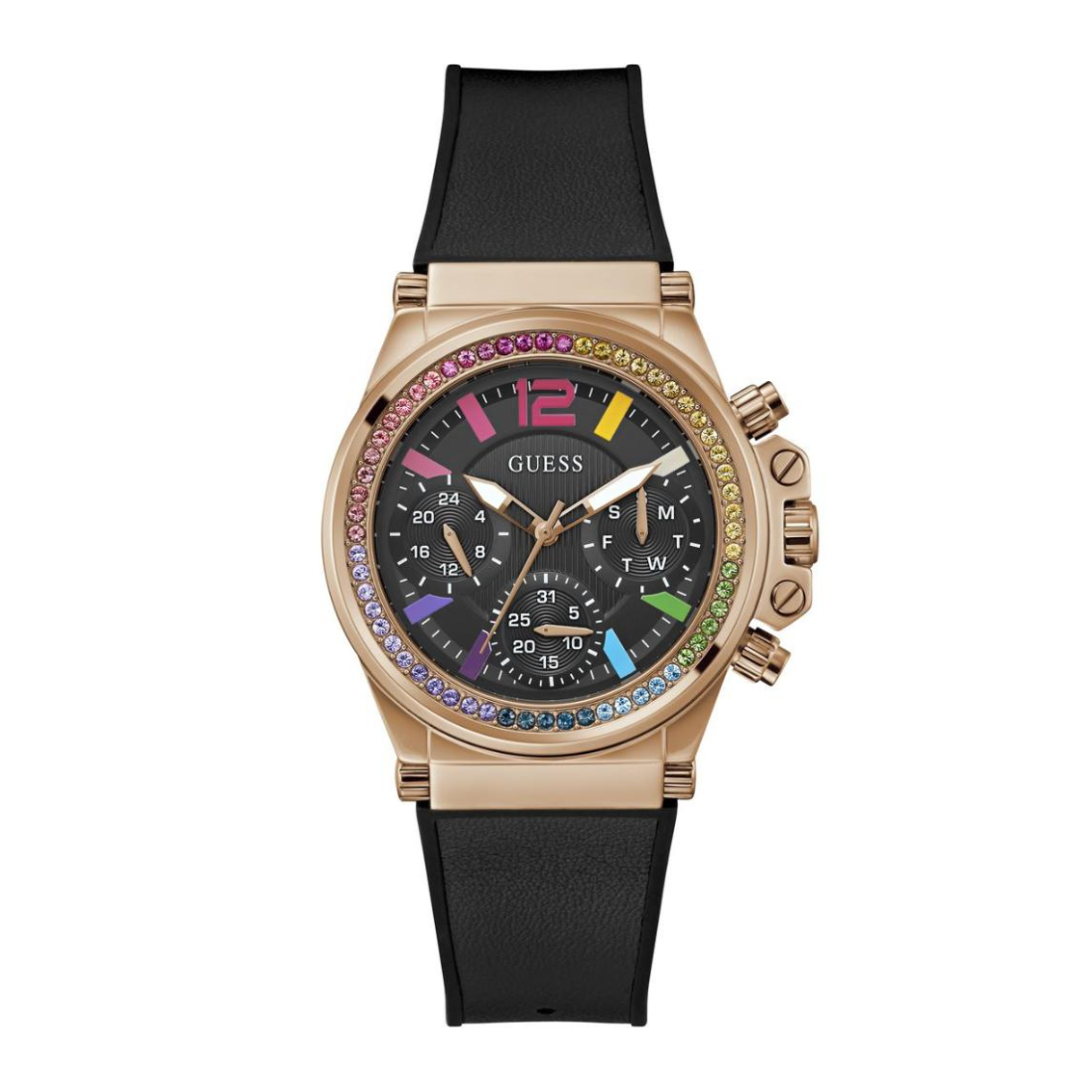Guess watch with black strap and colorful gemstones on a white background