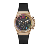 Guess watch with black strap and colorful gemstones on a white background