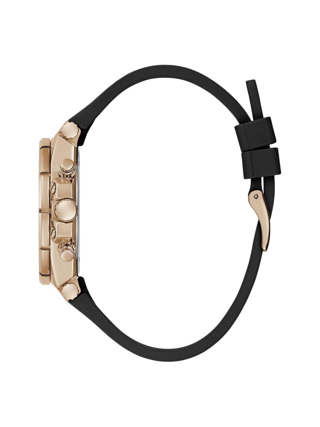 Close-up of a watch with a black strap and rose gold case on a white background