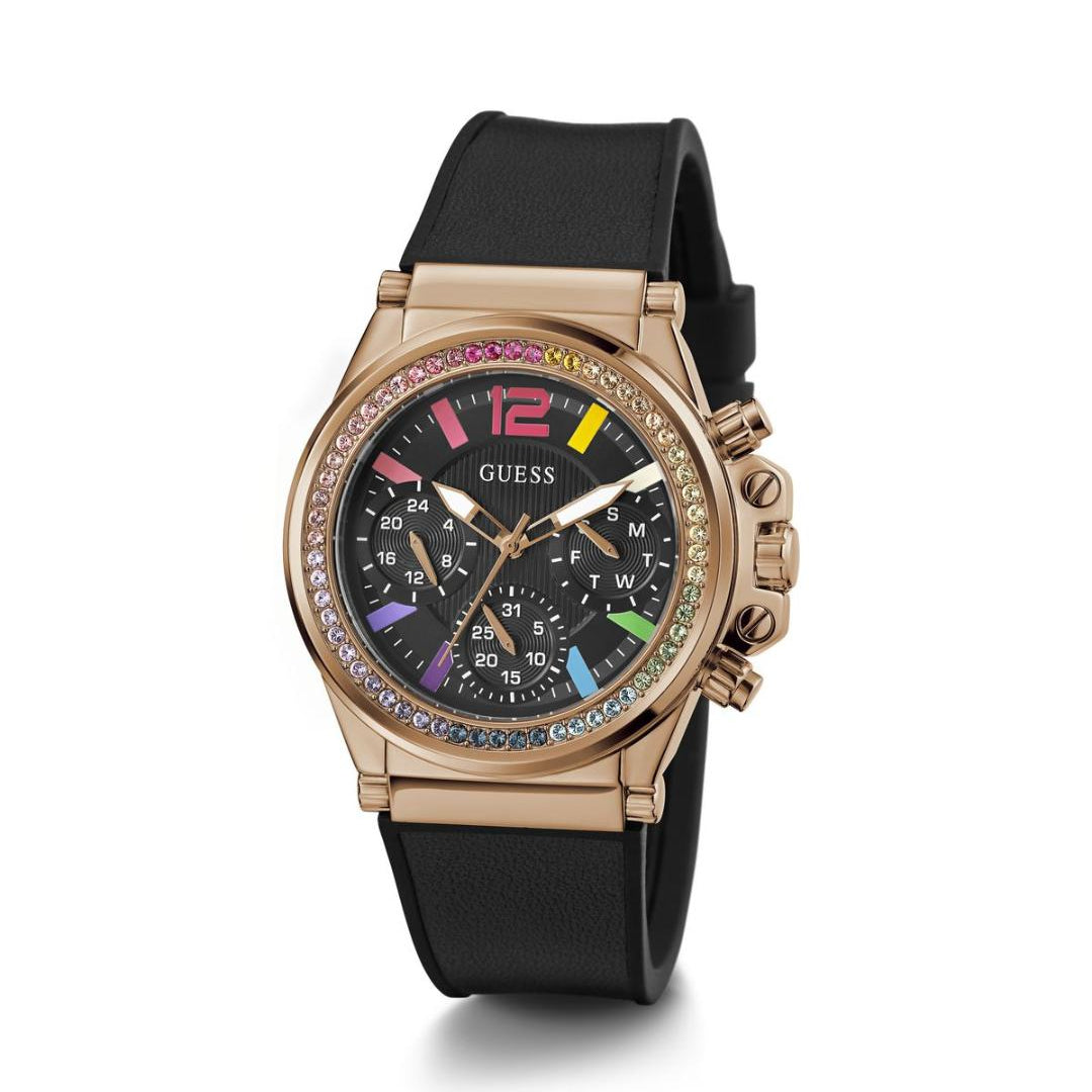 Guess watch with black strap and colorful face on a white background