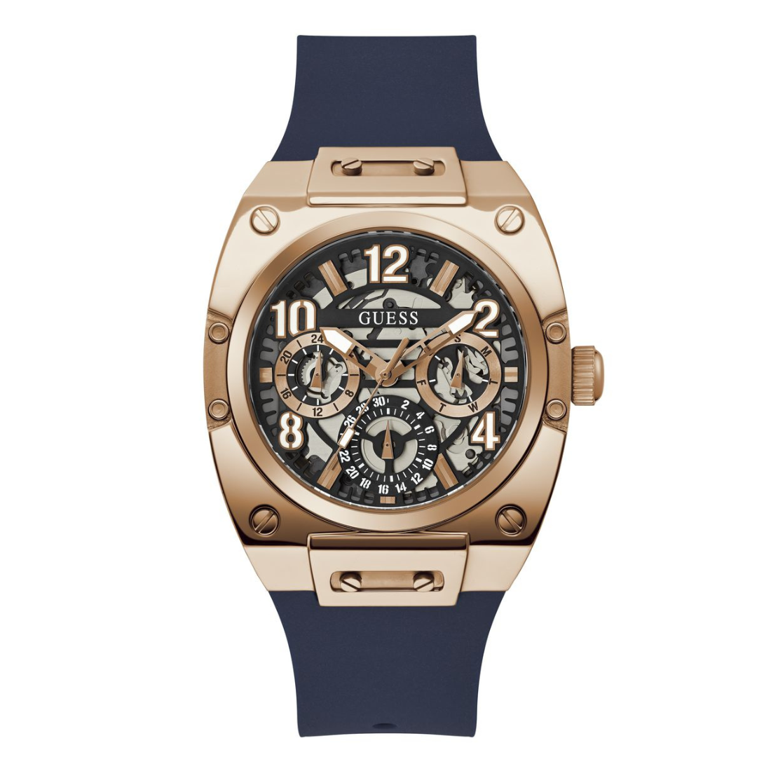 Watch with rose gold case and navy blue strap on a white background