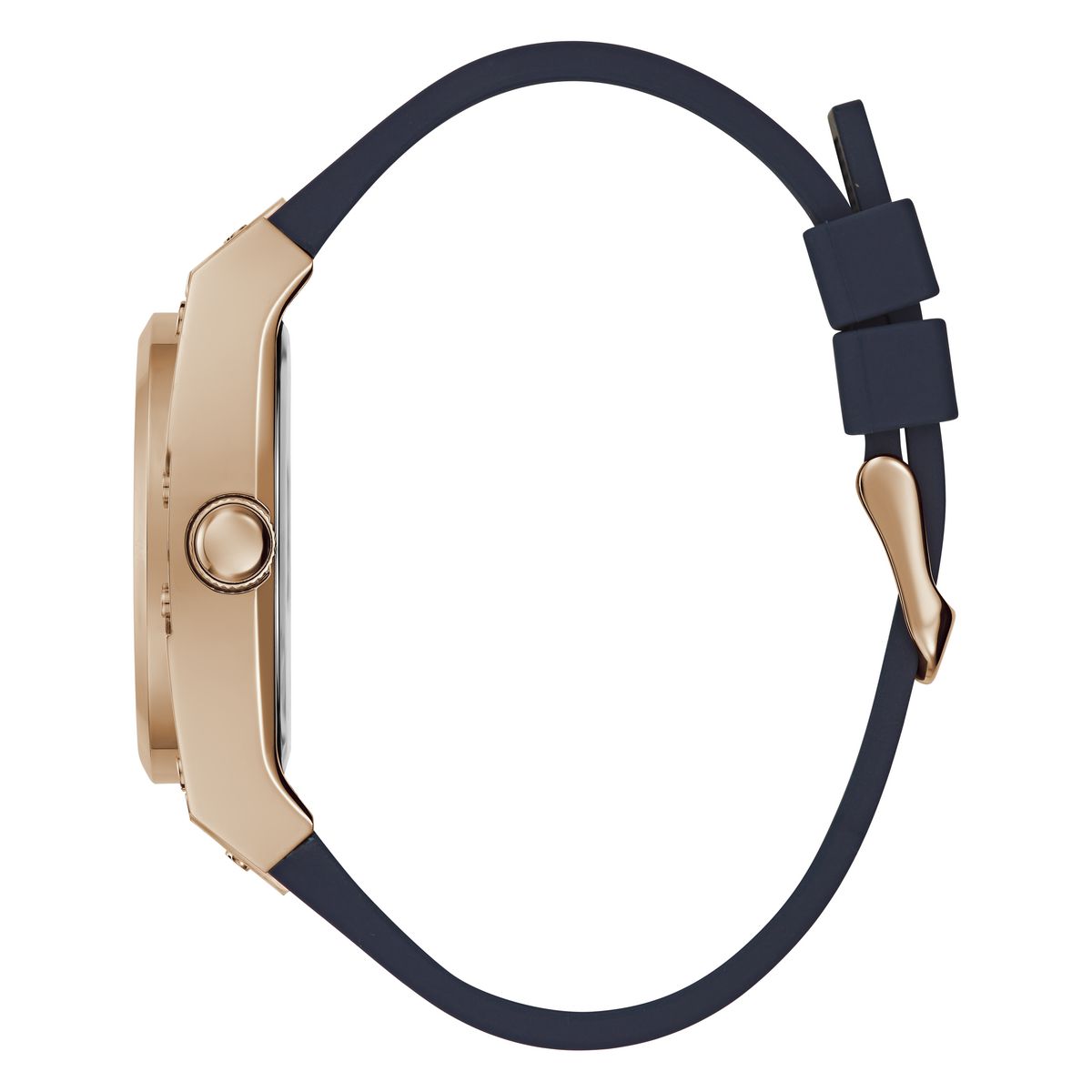 A side profile view of a smartwatch with a rose gold case and a dark navy blue silicone strap, shown on a solid white background.
