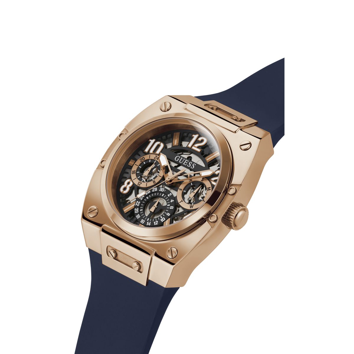 Gold watch with a navy blue strap on a white background