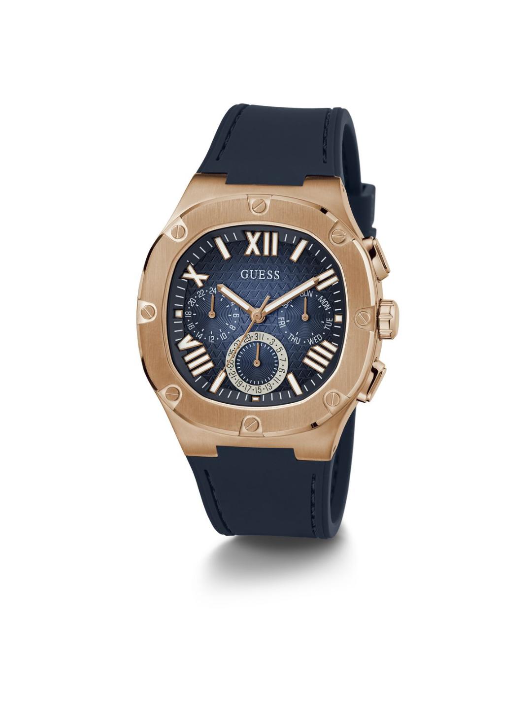 Blue watch with rose gold case on a white background