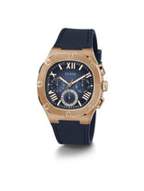 Blue watch with rose gold case on a white background