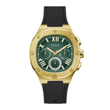 Gold watch with a green face and black strap on a white background