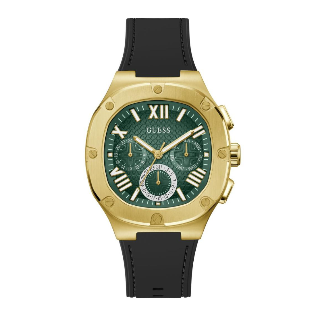 Gold watch with a green face and black strap on a white background