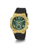 Gold watch with green face and black strap on a white background