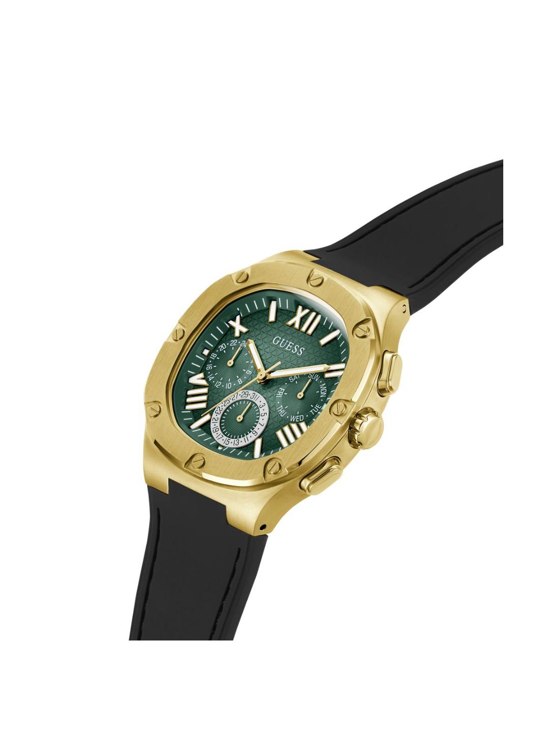 Gold watch with a green face and black strap on a white background