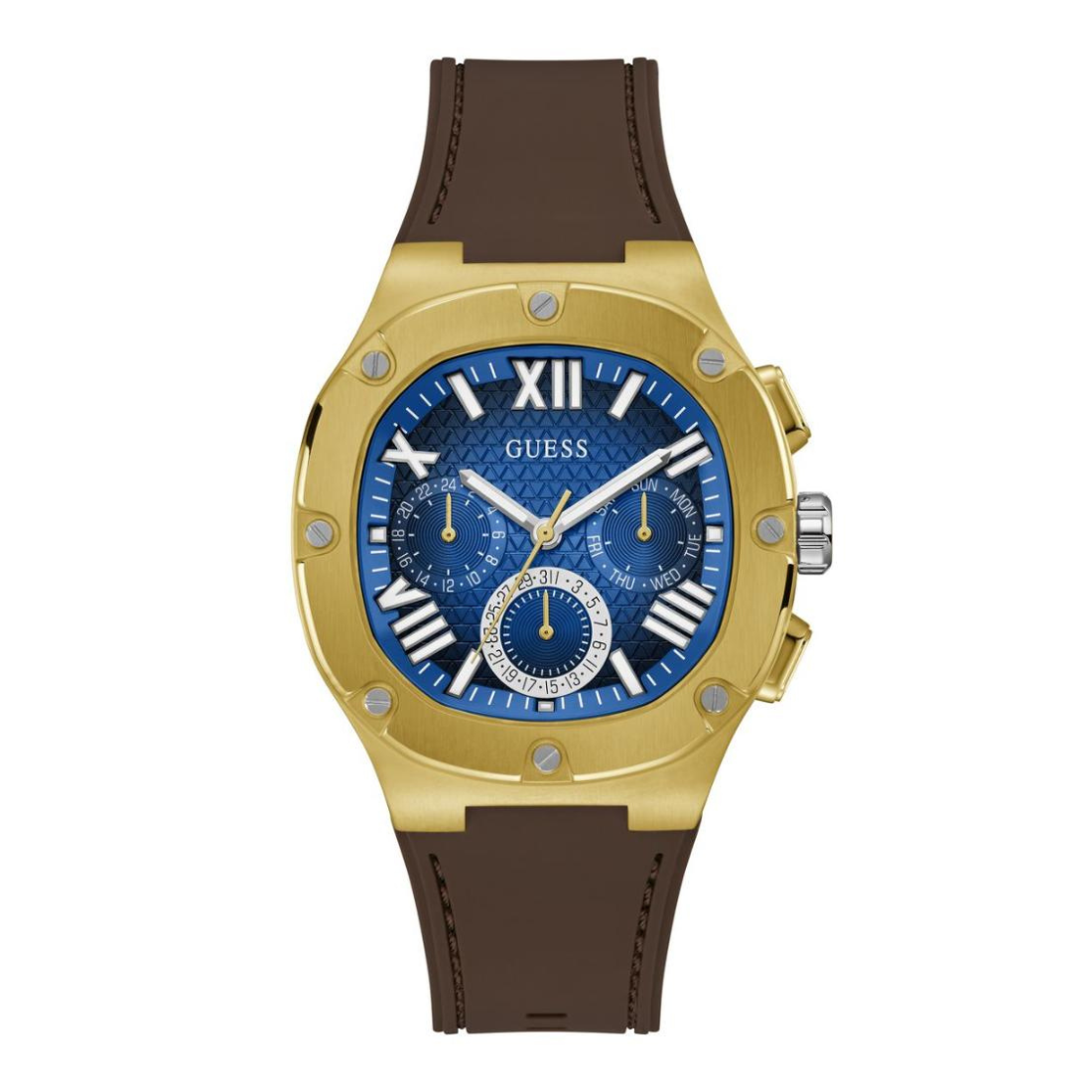 Gold watch with a blue face and brown leather strap on a white background