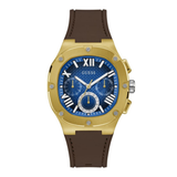 Gold watch with a blue face and brown leather strap on a white background