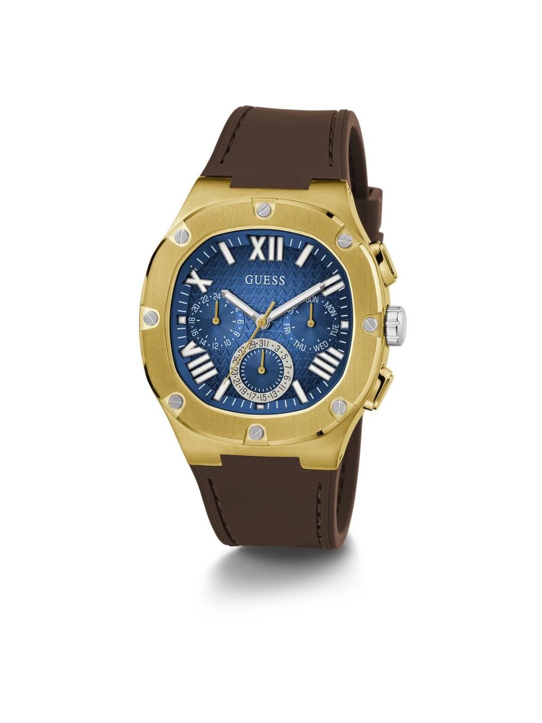 Gold watch with a blue face and brown leather strap on a white background