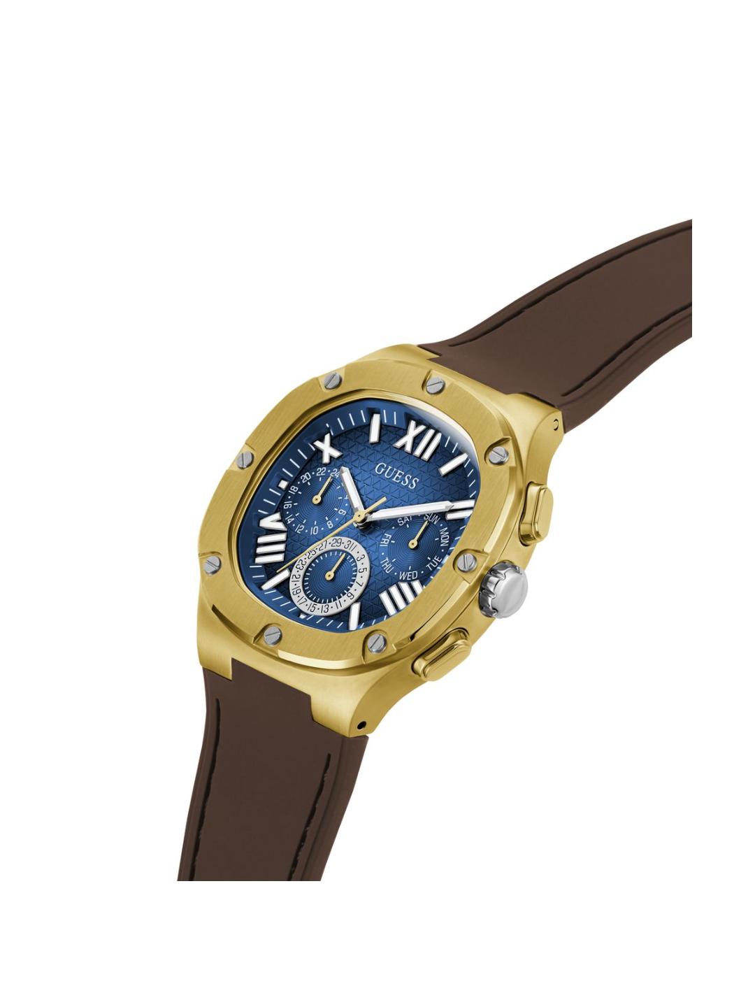 Gold watch with a blue face and brown strap on a white background