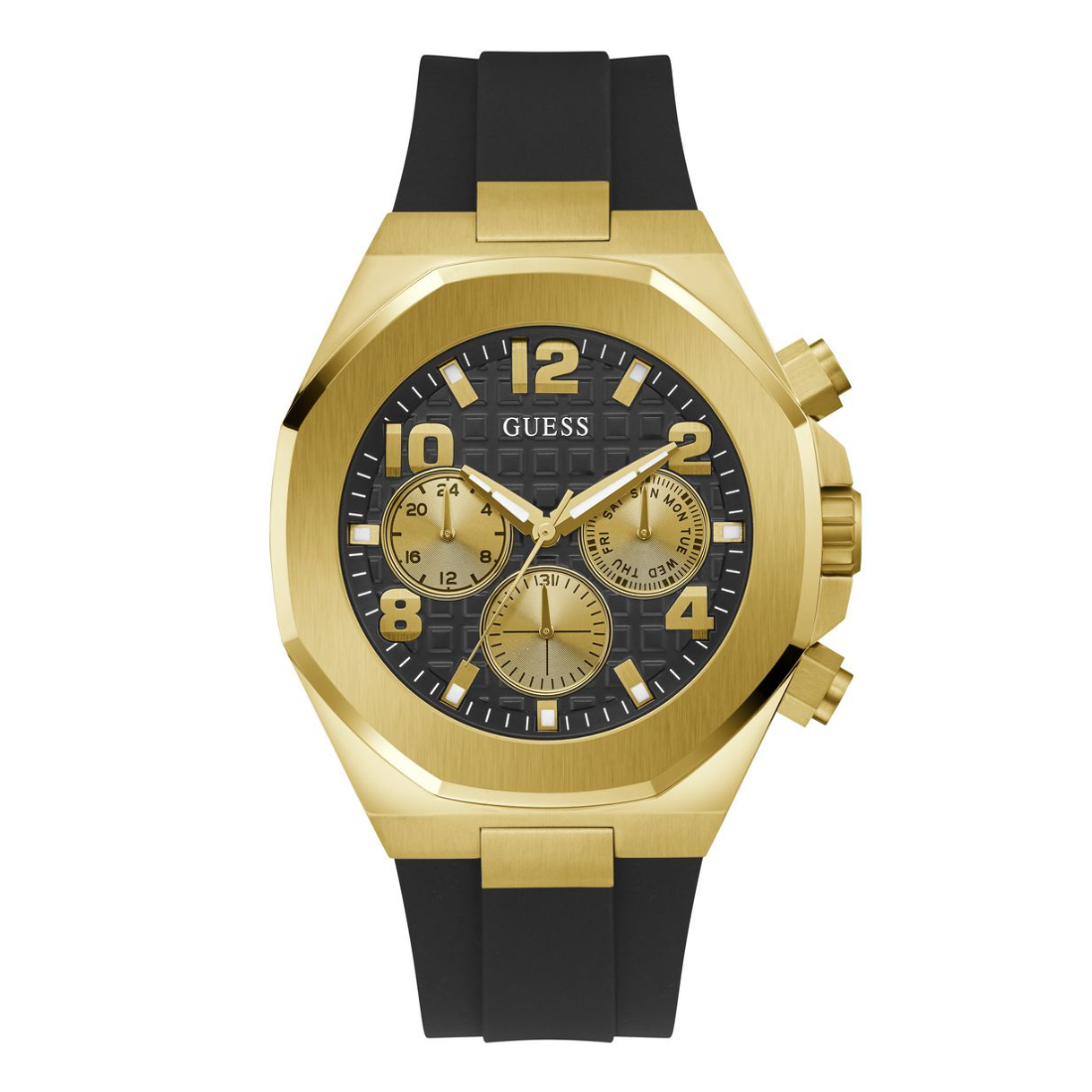 A GUESS men's chronograph watch featuring a brushed gold-tone case, a black dial with gold subdials and markers, and a black silicone strap with gold accents, shown against a plain white background.