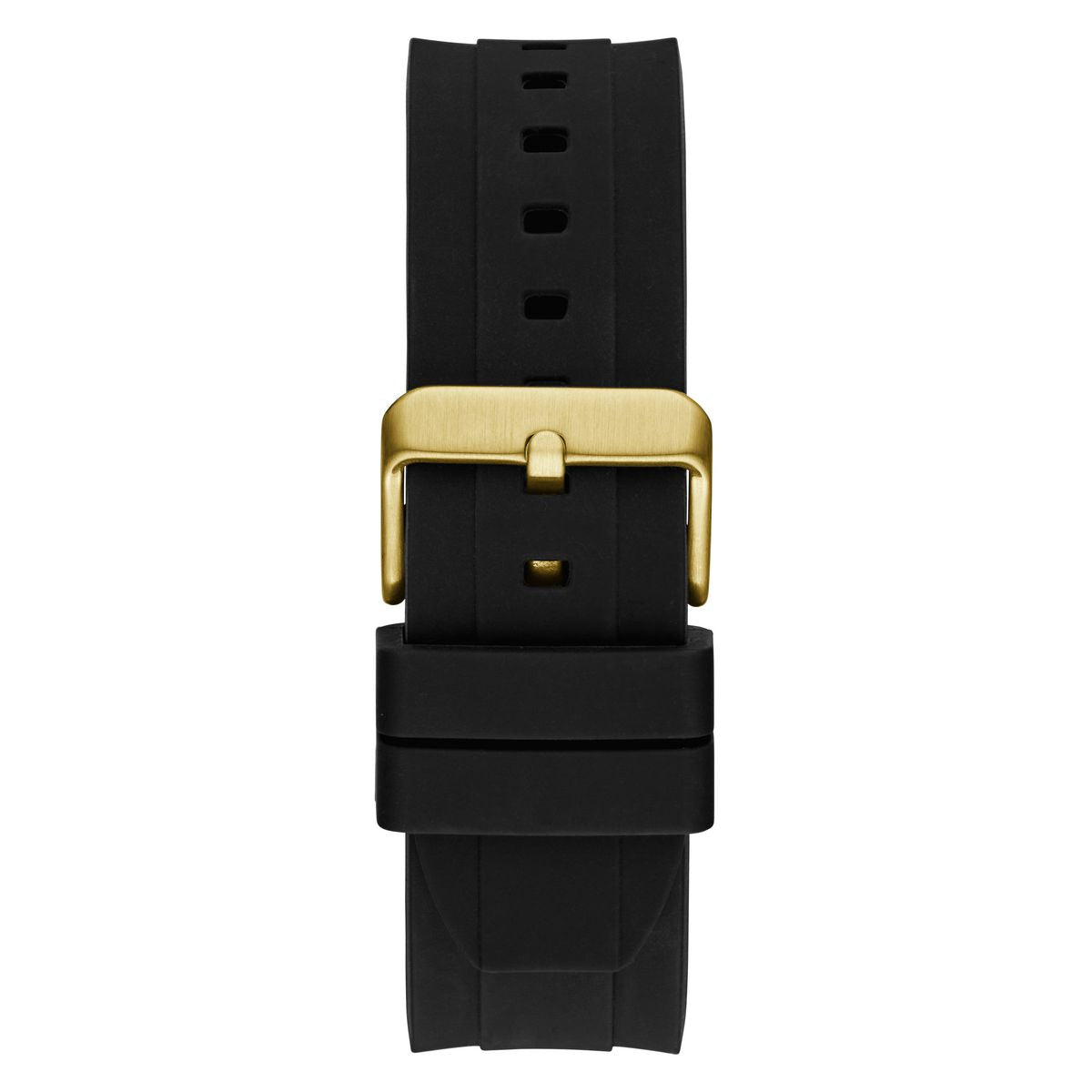 A black silicone watch strap with a polished gold buckle, shown vertically against a plain white background.