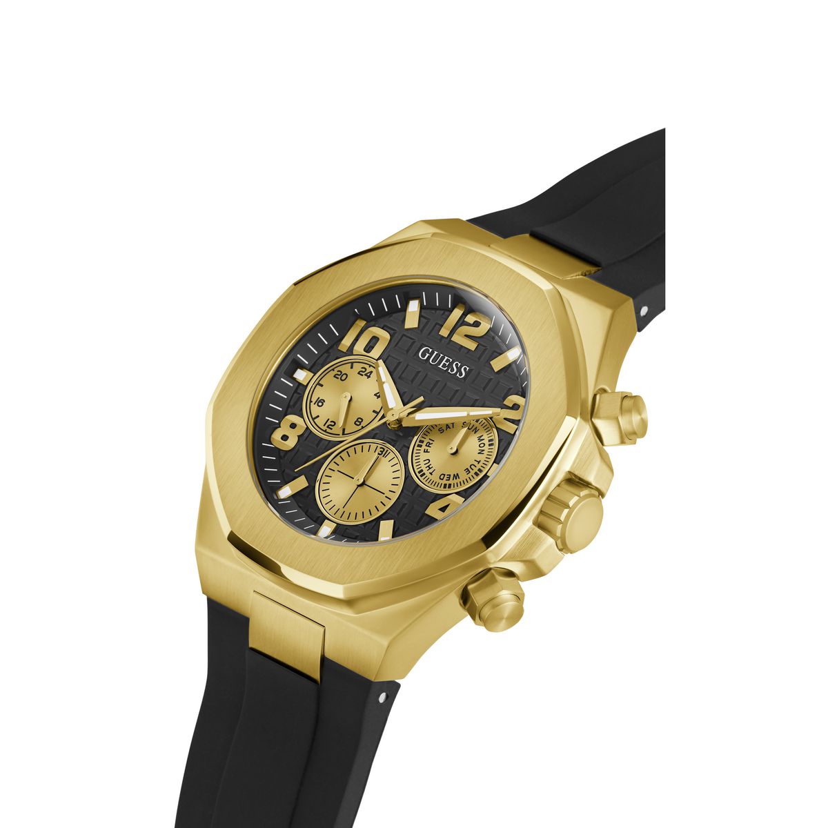 A Guess men's chronograph watch featuring a gold-tone octagonal case, a black dial with gold subdials and markers, and a black rubber strap, shown on a plain white background.