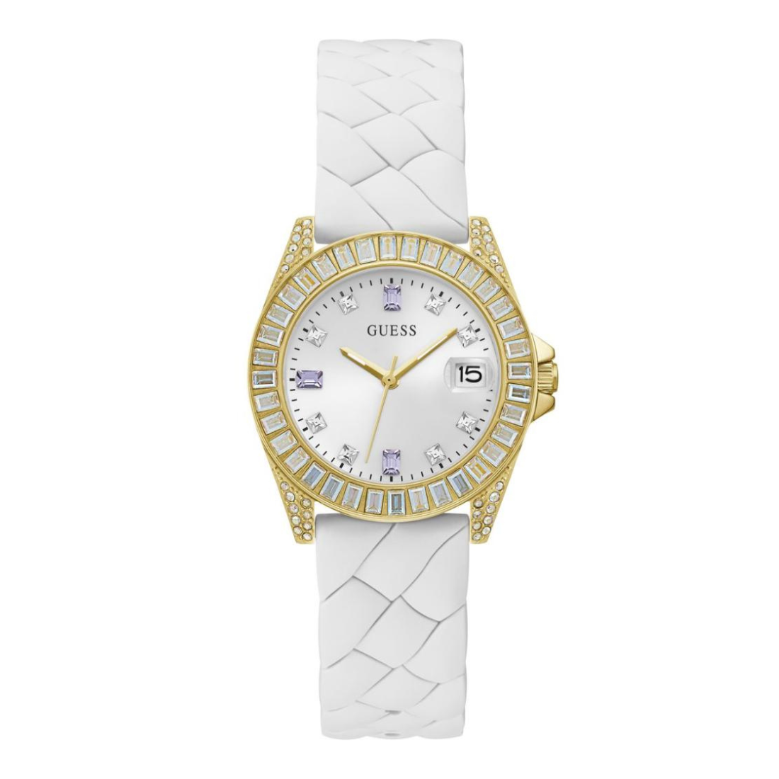 White watch with gold bezel and Guess logo on a white background