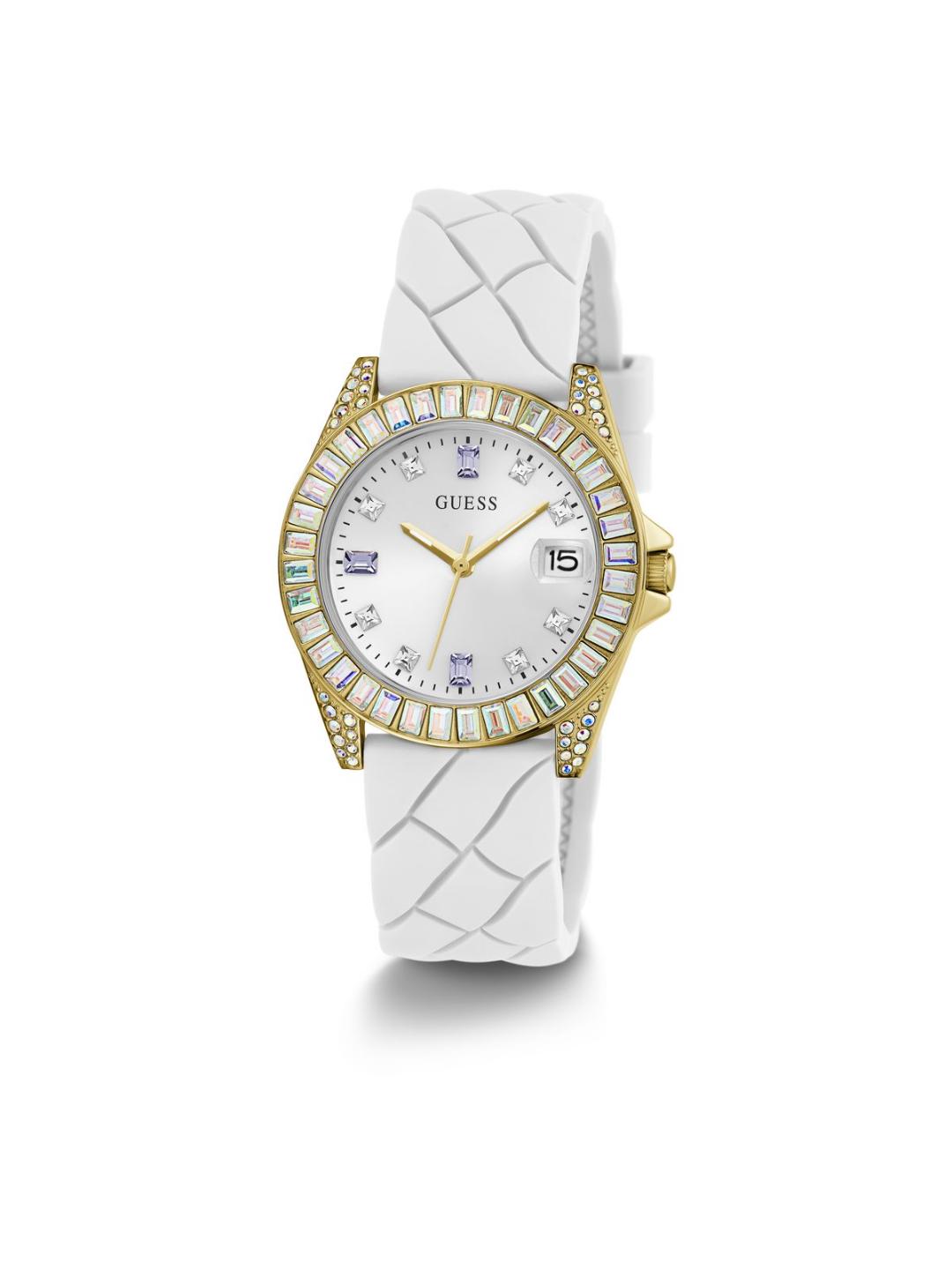 White watch with gold bezel on a white background