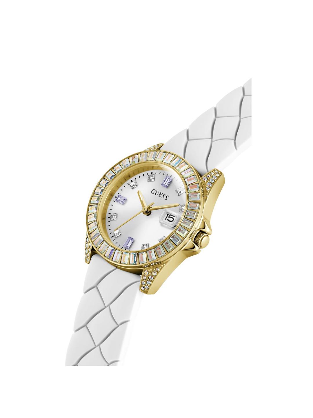 Gold and white watch with a white strap on a white background