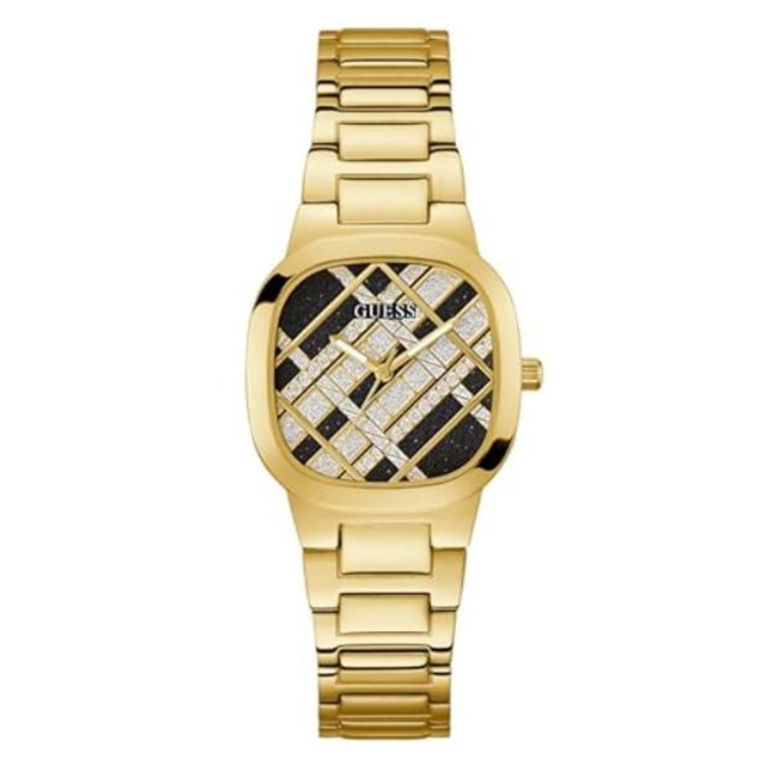 Gold watch with a patterned face on a white background