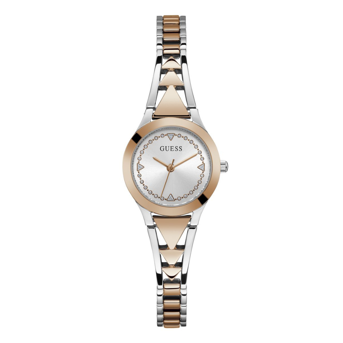 A GUESS women's analog watch with a two-tone silver and rose gold metal bracelet, a round rose gold bezel, and a white dial with a delicate crystal pattern around the bezel.
