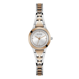 A GUESS women's analog watch with a two-tone silver and rose gold metal bracelet, a round rose gold bezel, and a white dial with a delicate crystal pattern around the bezel.