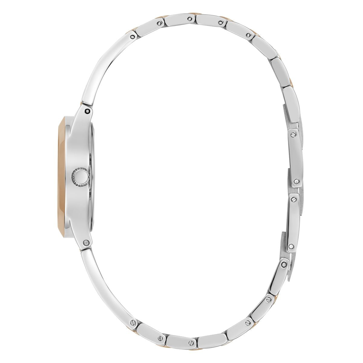 A silver-tone metal watch band shown from the side profile against a plain white background.
