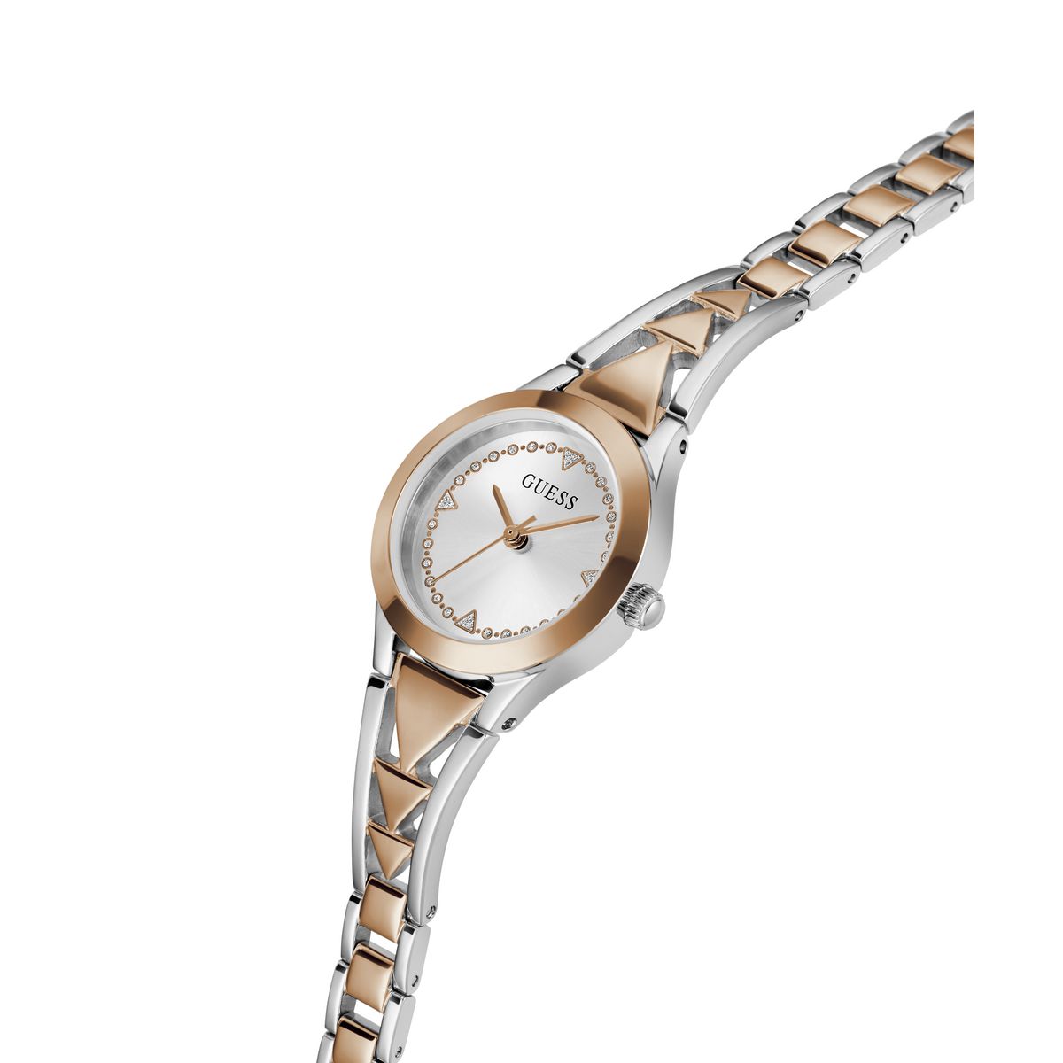 A GUESS women's two-tone watch with a silver and rose gold metal link bracelet, a rose gold bezel, and a white dial with crystal hour markers.