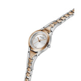 A GUESS women's two-tone watch with a silver and rose gold metal link bracelet, a rose gold bezel, and a white dial with crystal hour markers.