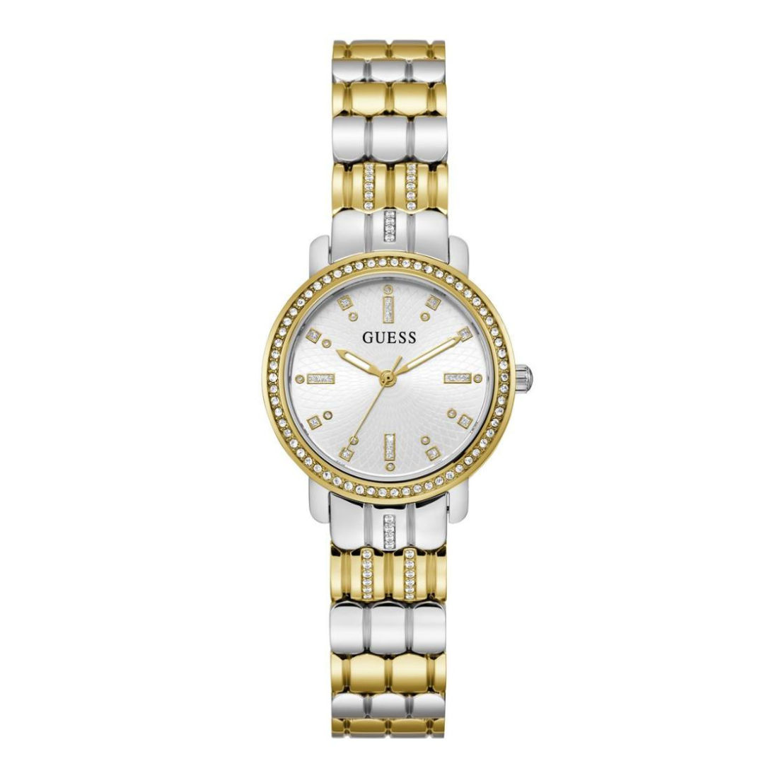 Two-tone gold and silver watch with a white face on a white background