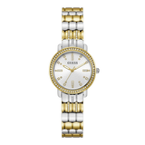 Two-tone gold and silver watch with a white face on a white background