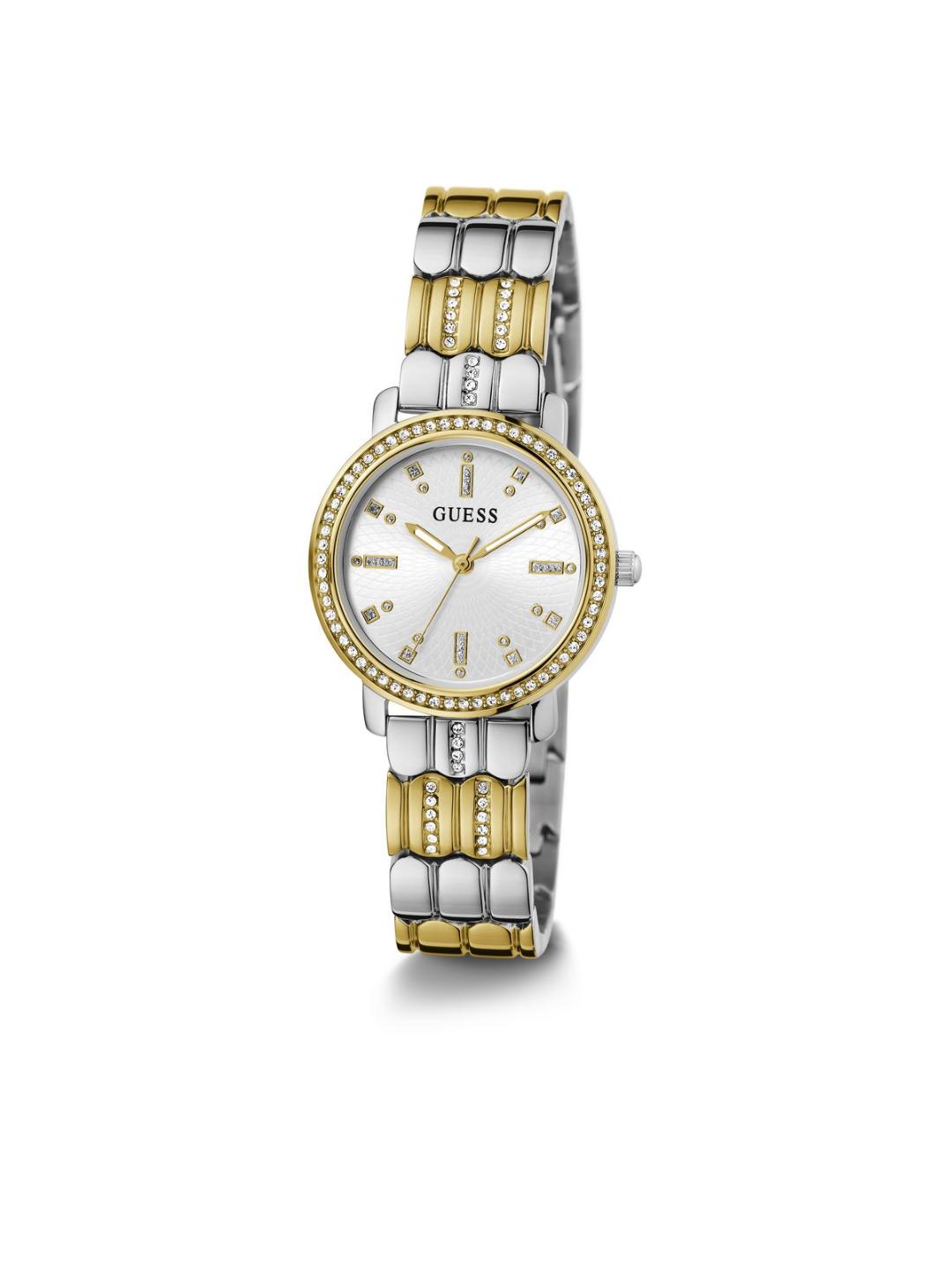 Two-tone watch with silver and gold band on a white background
