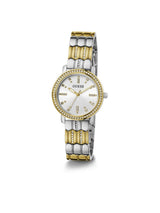 Two-tone watch with silver and gold band on a white background