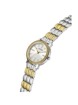Two-tone watch with silver and gold band on a white background