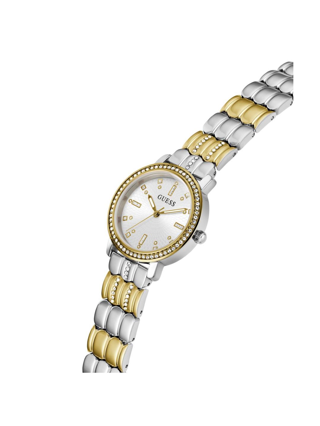 Two-tone watch with silver and gold band on a white background