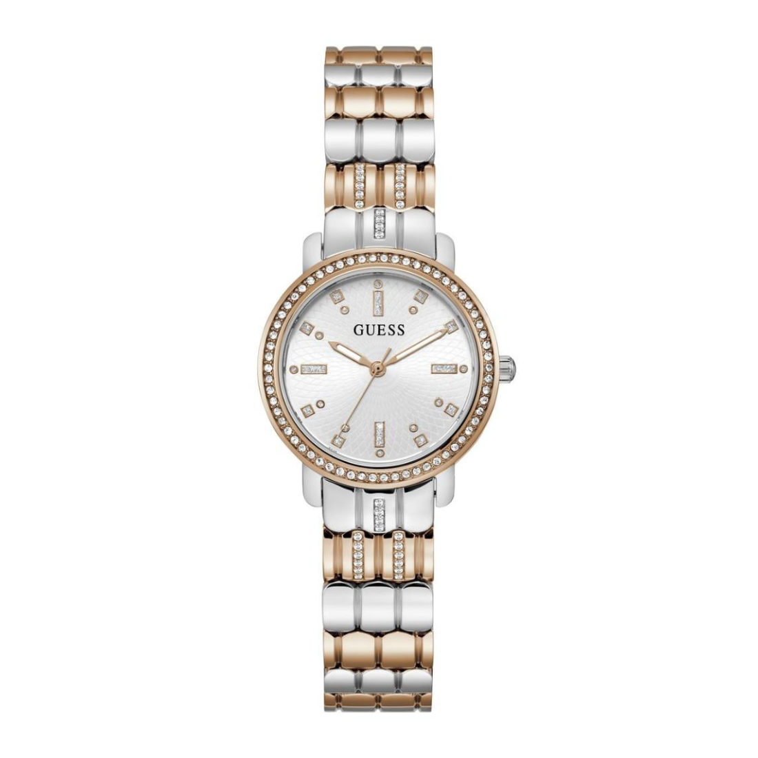Two-tone Guess watch with silver and rose gold band on a white background