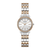 Two-tone Guess watch with silver and rose gold band on a white background