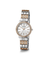 Two-tone watch with silver and gold band on a white background