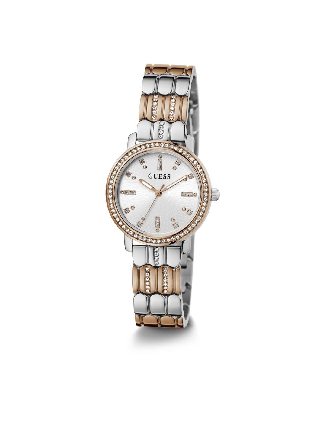 Two-tone watch with silver and gold band on a white background
