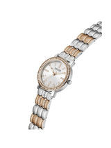 Two-tone watch with silver and rose gold band on a white background